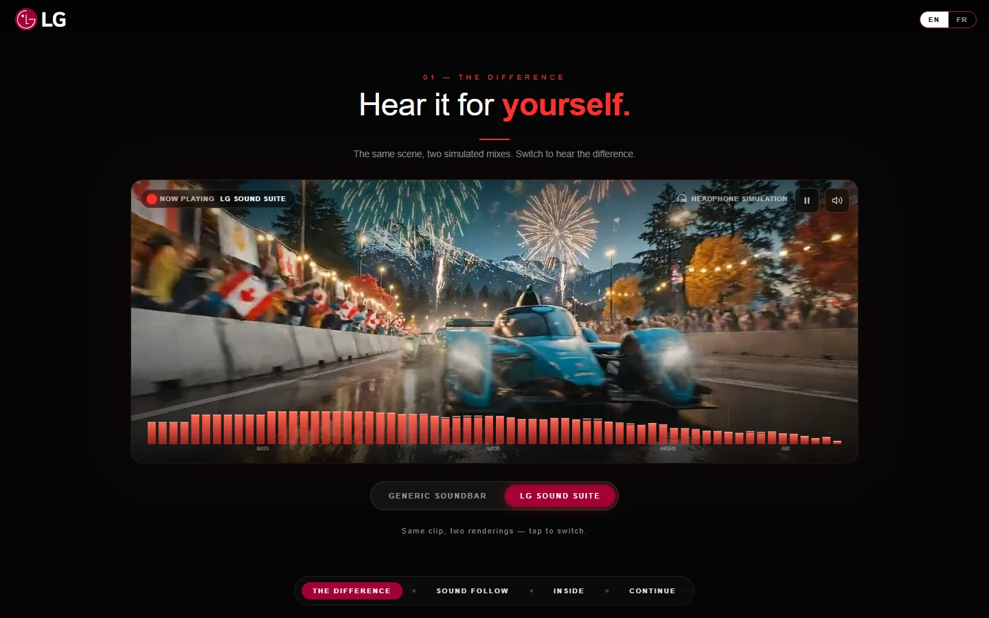 LG Sound Suite live demo showing the sound comparison interface with a film and two selectable mixes