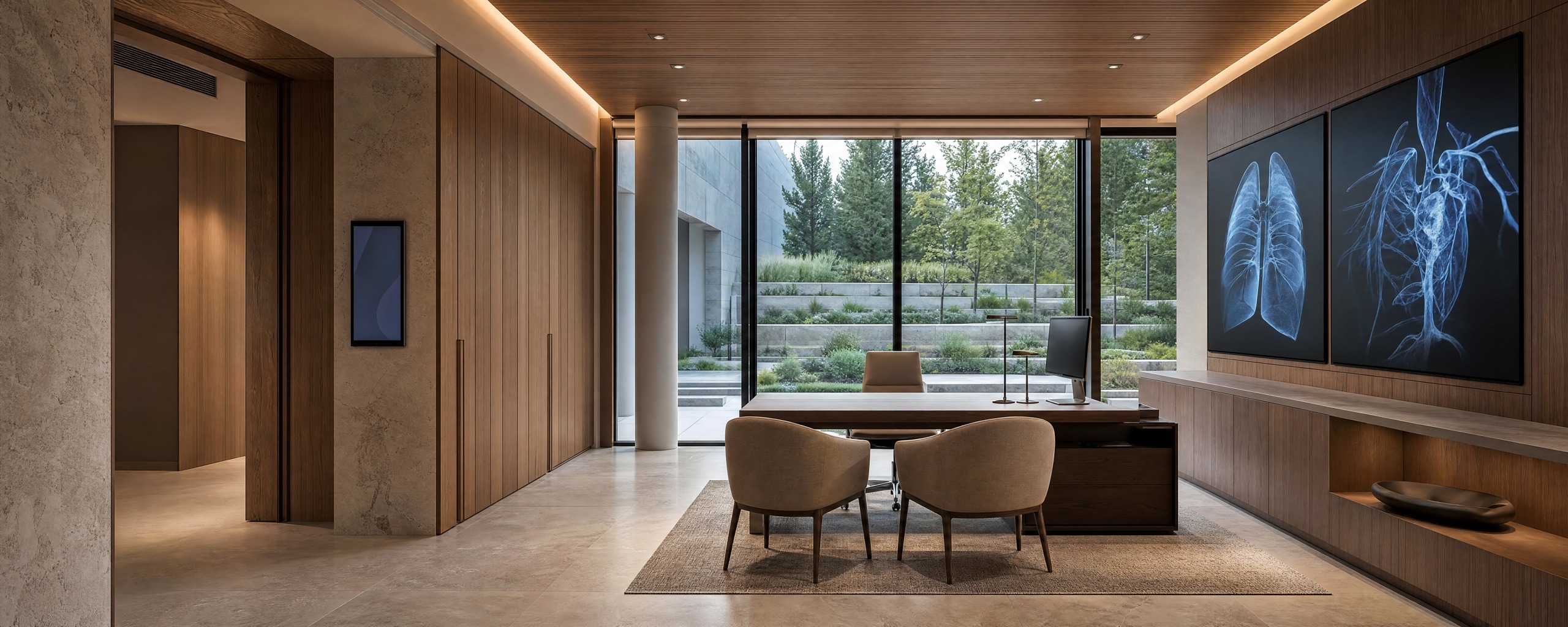 Concept interior with warm wood, stone and dark-framed glazing