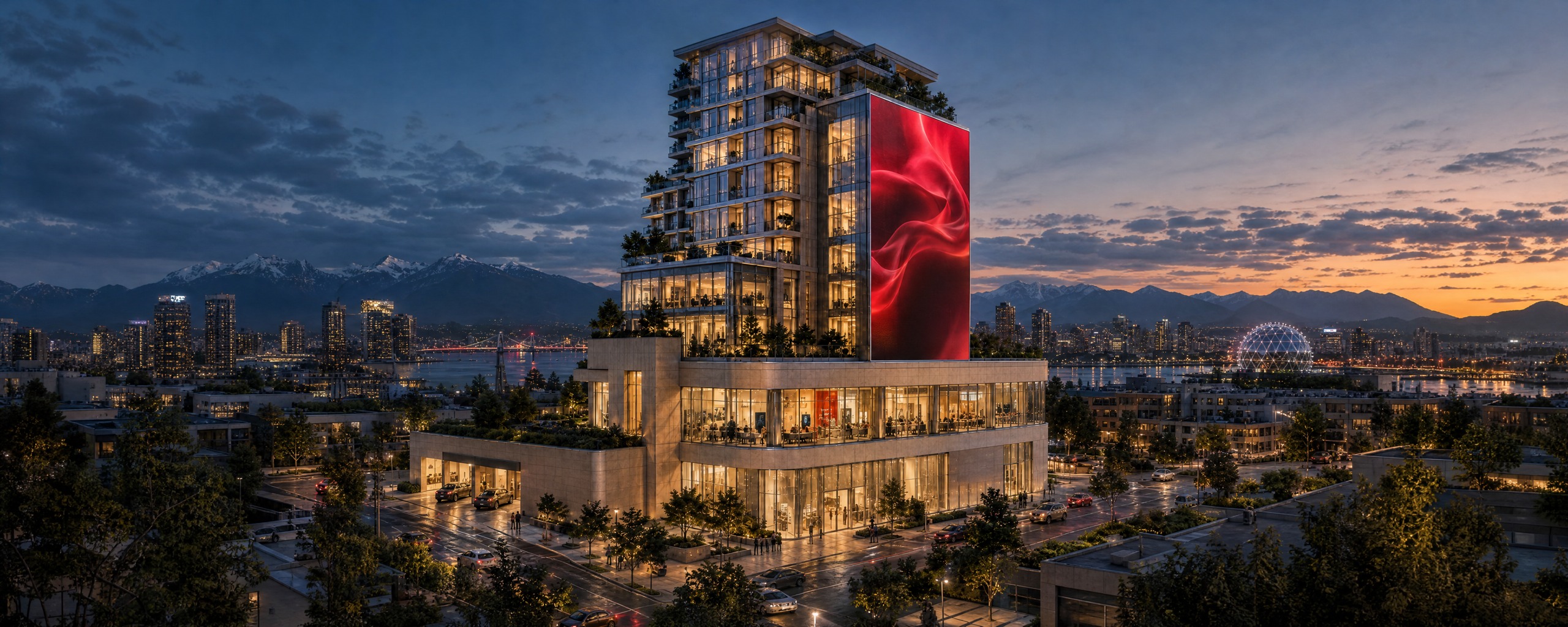Approved architectural concept: stepped glass tower with a red facade display at dusk